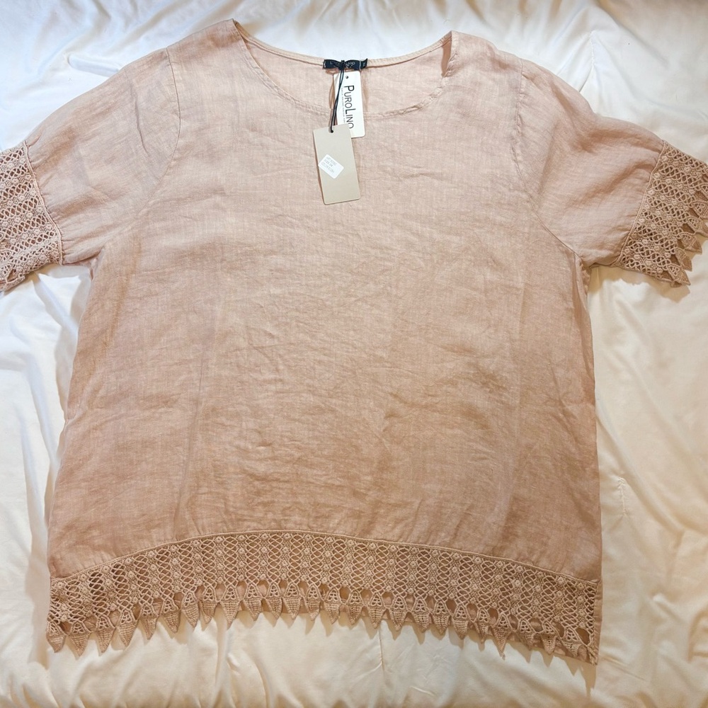 Lungo L’Arno Italian Linen Blouse 2X Blush Crochet Trim Made in Italy NWT
